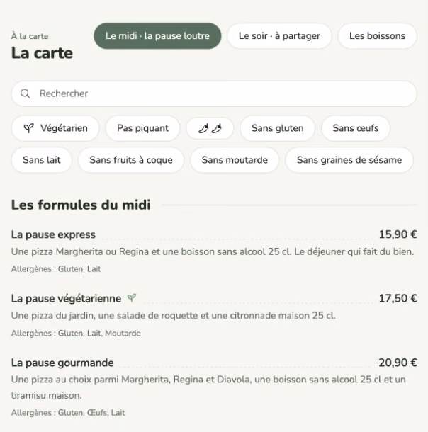 Aperçu de la carte telle que les clients la consultent sur mobile