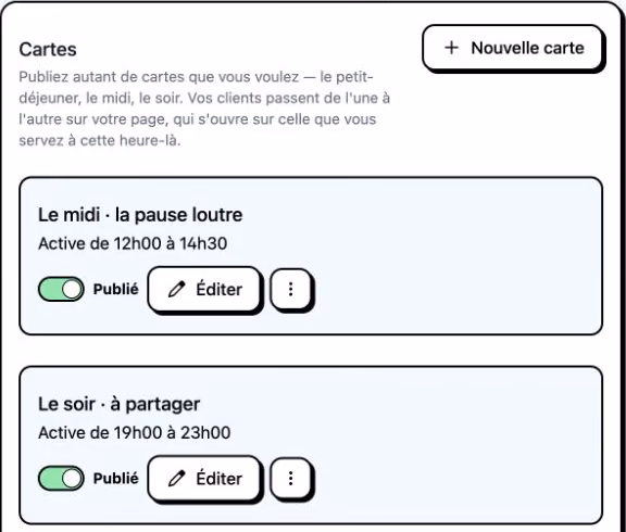 Interface Atablo de gestion d'un restaurant et de ses cartes