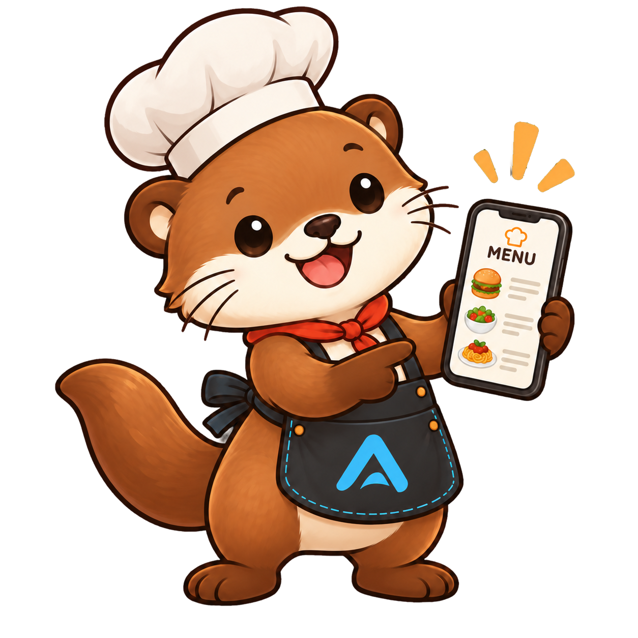 La mascotte loutre d'Atablo présente une carte de restaurant sur son téléphone